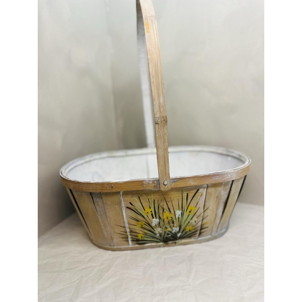 Vintage Hand Painted Basket Yellow Floral Handle Large Whitewashed Split Wood